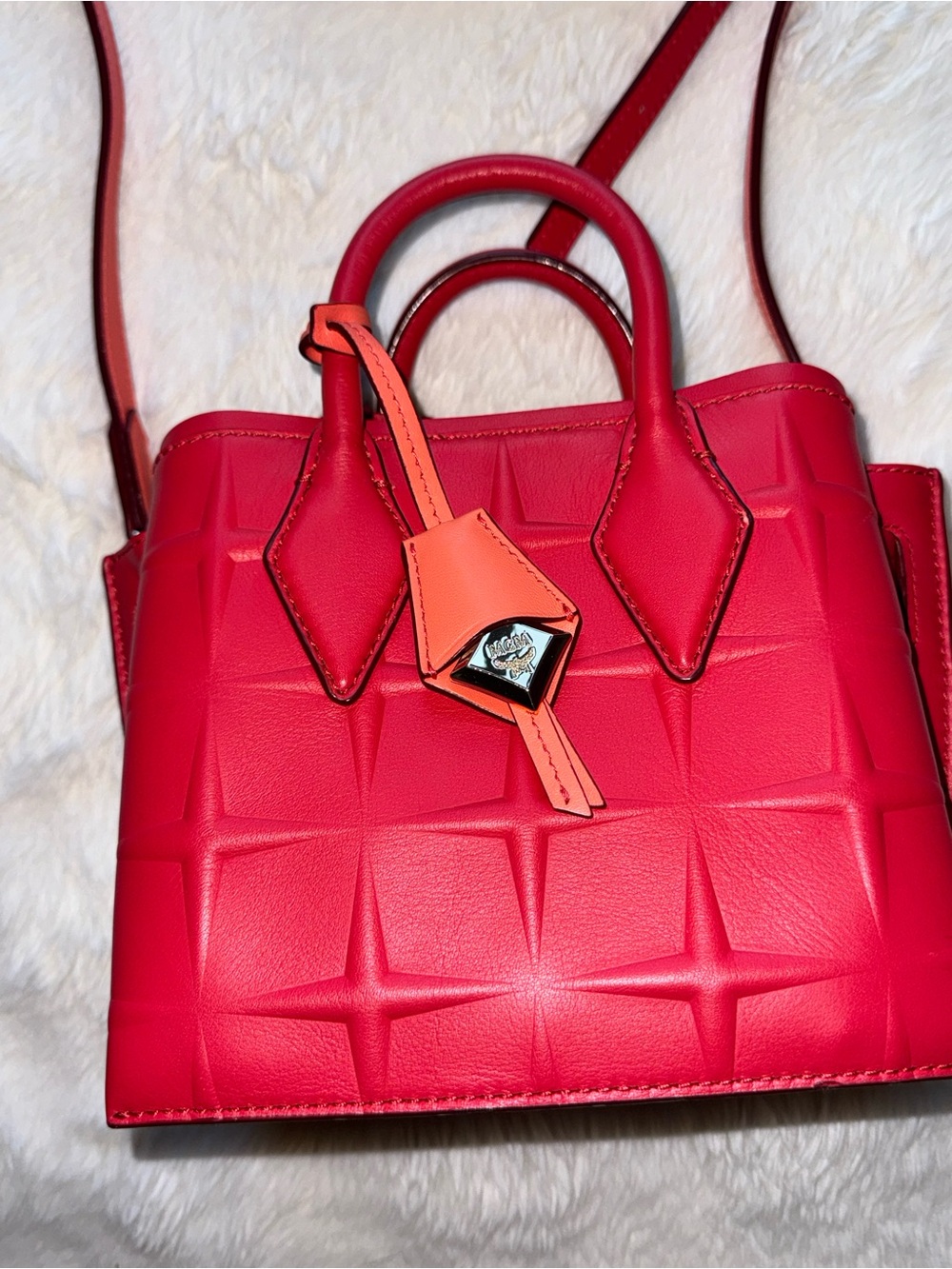 MCM Red Quilted Crossbody Satchel with Gold Accent - Picture 10 of 10